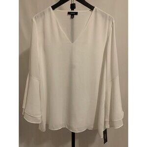 Alfani Womens Size 16 Top White Poet Sleeve Blouse V Neck Flowy Peasant Boho NEW